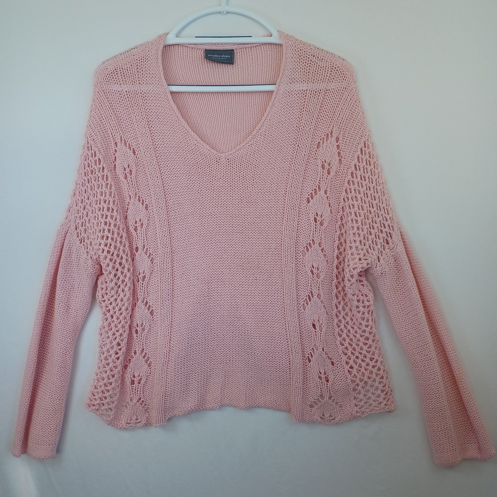 Wooden Ships Pink V Neck Crochet Knit Sweater M L Cotton Acrylic - Picture 2 of 8